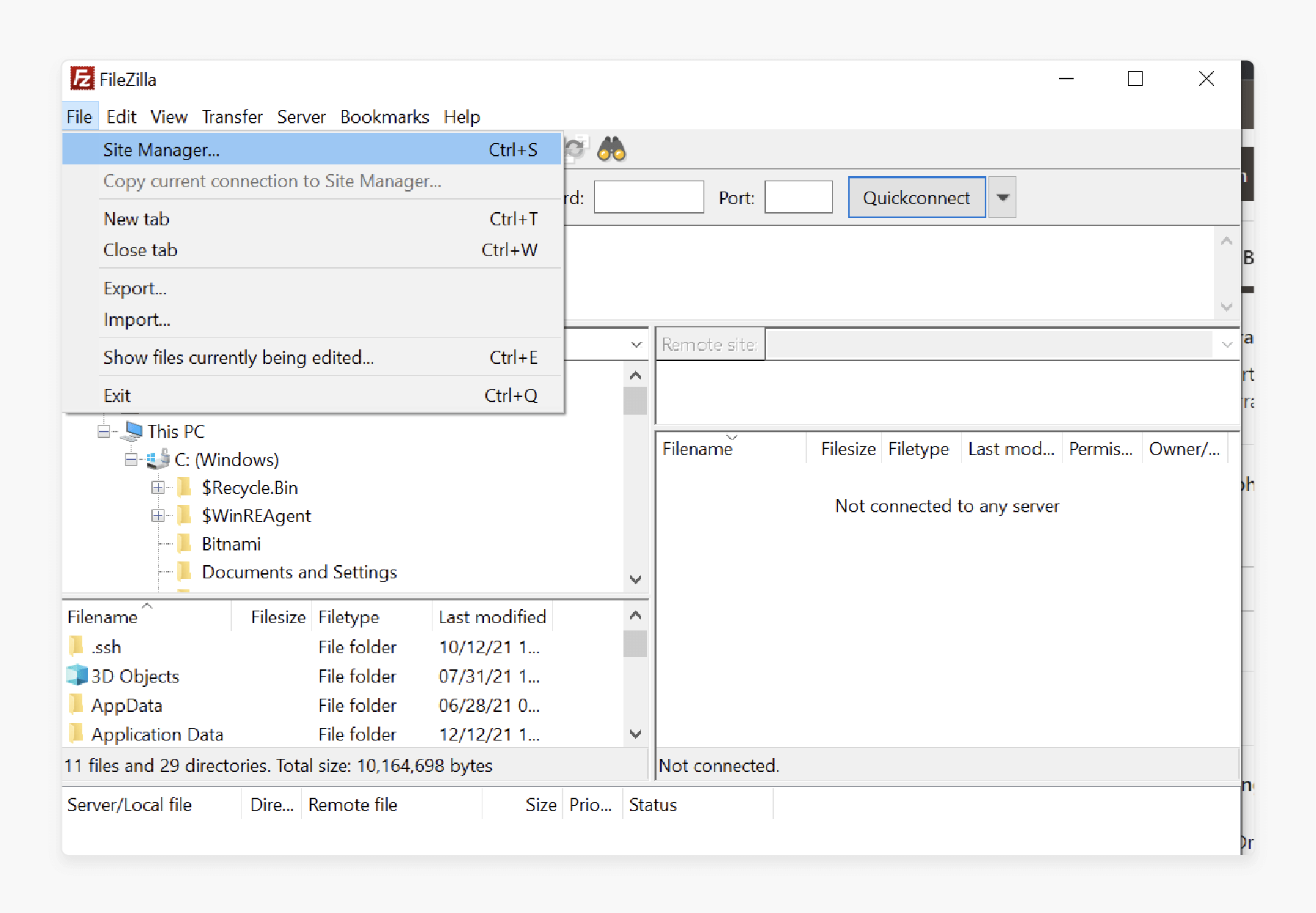 Go to the File menu and select Site Manager