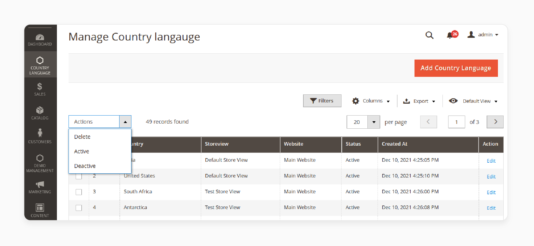 Magento 2 bulk actions for language settings