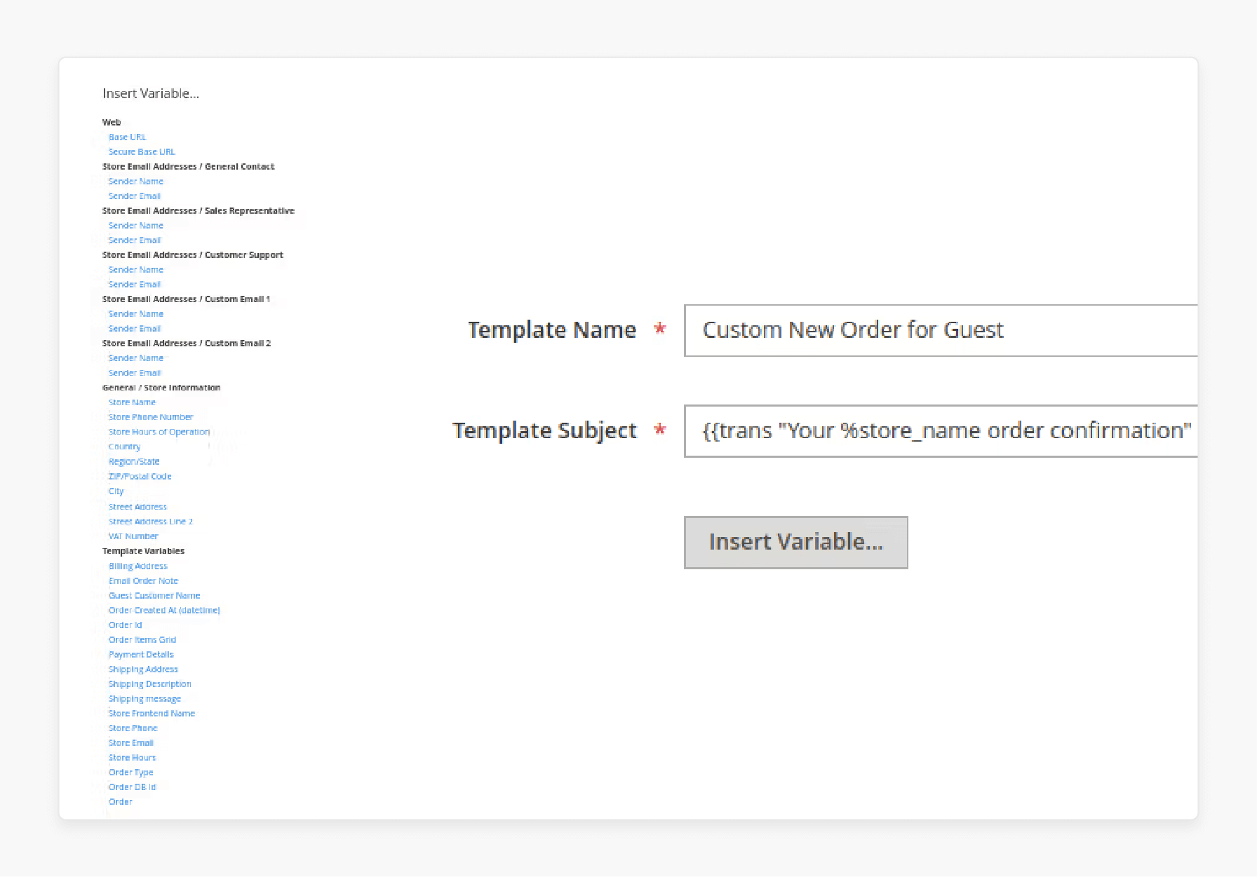 magento 2 email template editor displaying predefined variable options for seamless personalization and branding in transactional emails