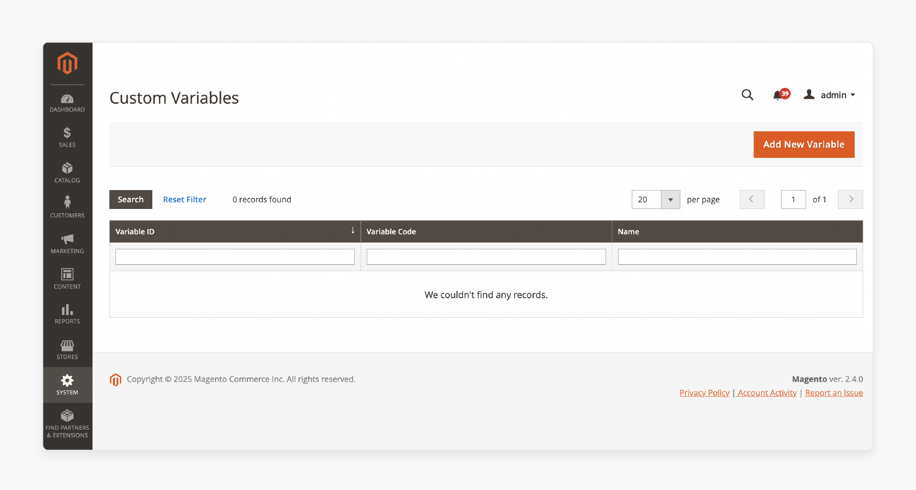 magento 2 admin panel showing the option to create and use custom variables for personalized email headers and dynamic content